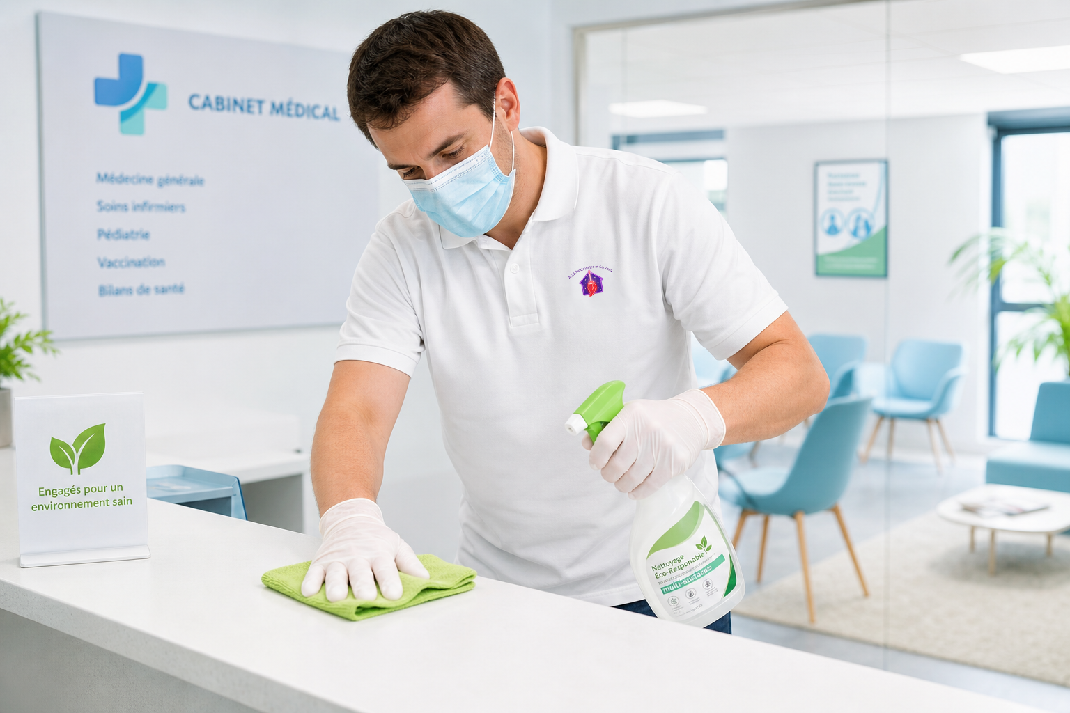 Agent A.J.S. Nettoyages en cours de désinfection Certibiocide d'un comptoir au Havre