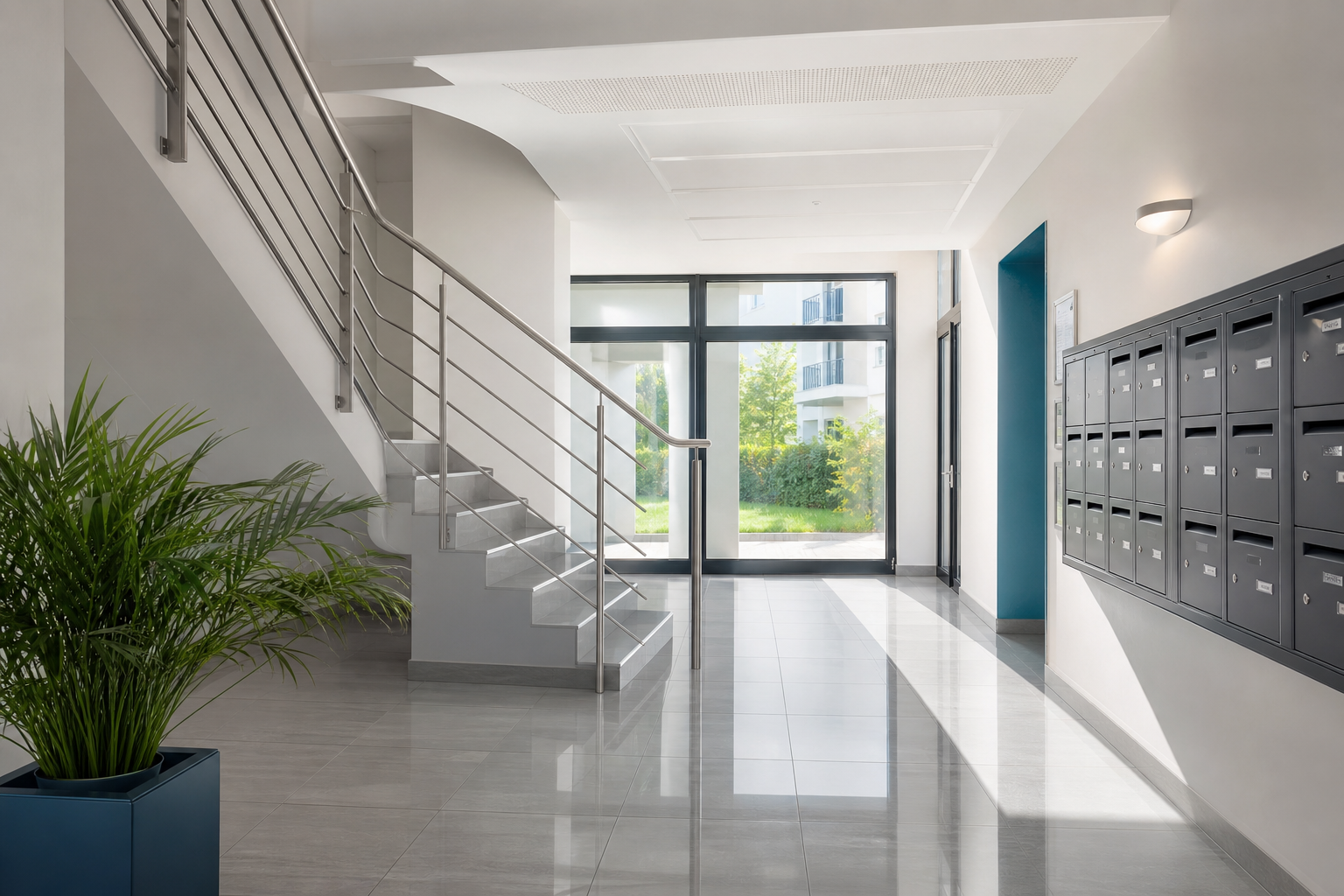 Hall de copropriété propre et lumineux au Havre entretenu par A.J.S. Nettoyages